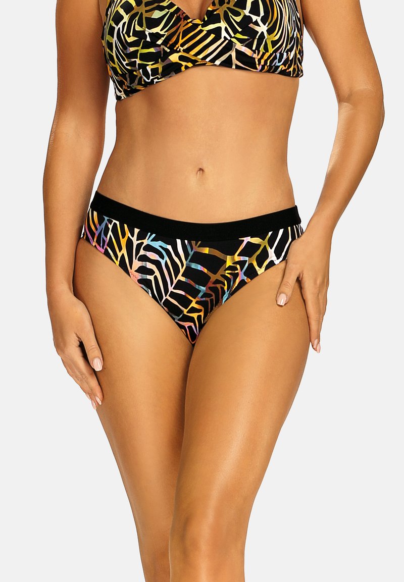 Zestaw bikini z czarną bazą i wielokolorowymi abstrakcyjnymi wzorami liści; góra ma skręcony fason, a dół ma gładką talię.