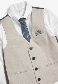 Gilet beige clair avec des boutons noirs, associé à une chemise blanche. Présente une cravate bleu marine à motifs et un mouchoir de poche avec un design de feuillage vert.