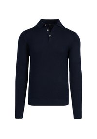 Granatowy sweter polo z długim rękawem, wykonany z dzianiny, z klasycznym kołnierzykiem, zapięciem na trzy guziki oraz prążkowanymi mankietami i dolnym brzegiem.
