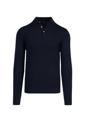 Granatowy sweter polo z długim rękawem, wykonany z dzianiny, z klasycznym kołnierzykiem, zapięciem na trzy guziki oraz prążkowanymi mankietami i dolnym brzegiem.