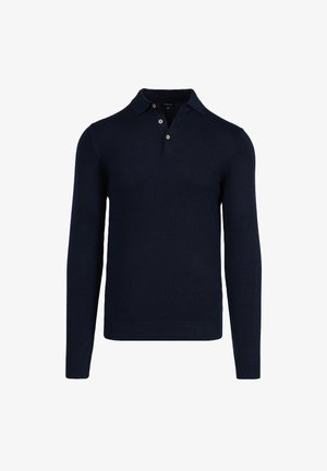 Granatowy sweter polo z długim rękawem, wykonany z dzianiny, z klasycznym kołnierzykiem, zapięciem na trzy guziki oraz prążkowanymi mankietami i dolnym brzegiem.
