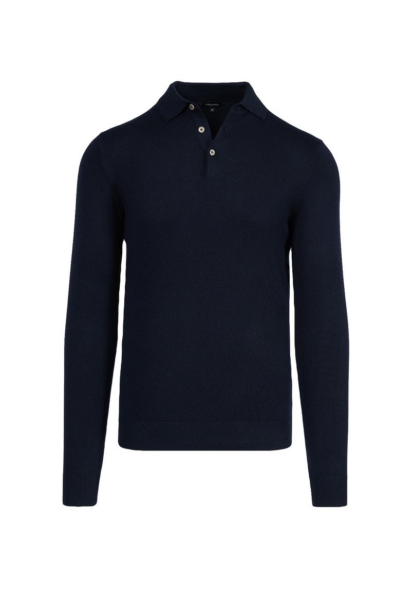 Granatowy sweter polo z długim rękawem, wykonany z dzianiny, z klasycznym kołnierzykiem, zapięciem na trzy guziki oraz prążkowanymi mankietami i dolnym brzegiem.