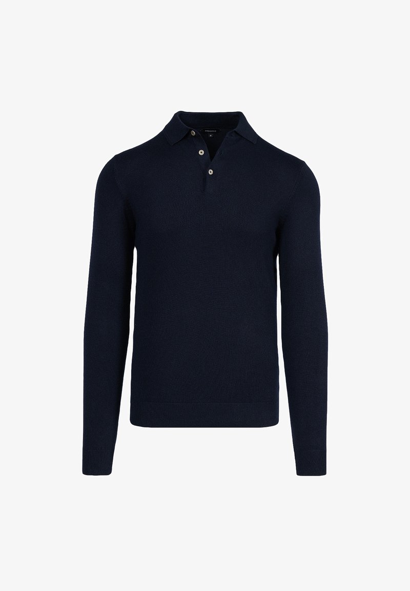 Granatowy sweter polo z długim rękawem, wykonany z dzianiny, z klasycznym kołnierzykiem, zapięciem na trzy guziki oraz prążkowanymi mankietami i dolnym brzegiem.
