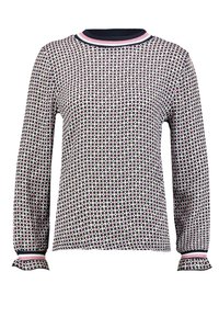 Langermige top in donker marineblauw met een stippenpatroon in roze en wit. Heeft een geribbelde halslijn en franje mouwen met accentstrepen.