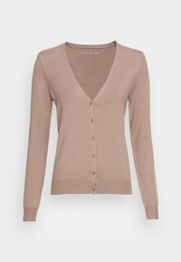 Beige cardigan med långa ärmar, V-halsringning och knapplist fram. Tillverkad av ett mjukt, lätt material med ribbad nederkant och ärmslut.