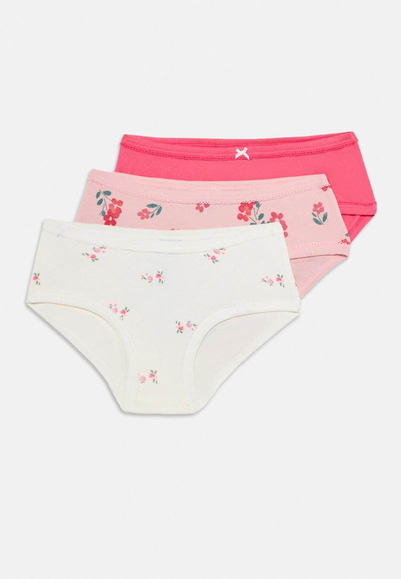 Tre mutandine di cotone per ragazze in bianco con piccoli fiori rosa, rosa chiaro con stampa floreale rossa e rosa acceso uniforme con dettaglio a fiocchetto.