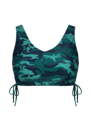 Zelená a tmavě modrá sportovní podprsenka s maskáčovým vzorem, širokými ramínky a nastavitelnými bočními šňůrkami.