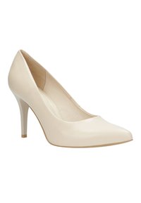 Pump beige in vernice con tacco alto, punta affilata e superficie liscia. La suola presenta accenti minimi per una buona aderenza.
