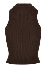 Haut sans manches brun côtelé avec un col montant. Présente une silhouette ajustée et un tissu texturé, mettant en valeur des lignes verticales.