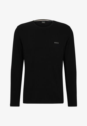 Black long-sleeve t-shirt made of soft fabric, featuring a crew neck and a small gray "BOSS" logo on the left chest. Smooth texture.