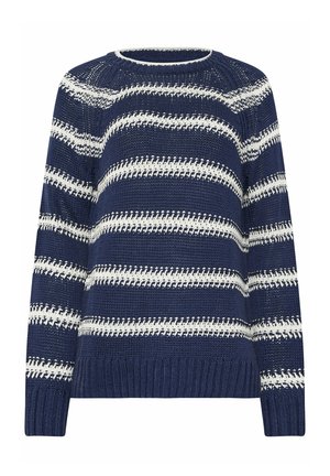 Marineblauwe gebreide trui met witte horizontale strepen en een ronde hals, lange mouwen, en geribbelde boorden aan mouwen en zoom.