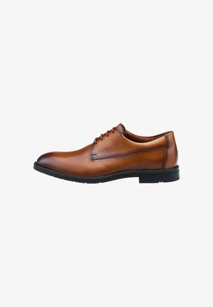 Braune Lederlederschuhe mit glatter Oberfläche, runder Zehenform, Schnürdesign, schwarzer Gummisohle und subtilen Stichdetails.