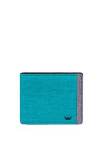 Fabric wallet in bright teal with a gray accent. Features a soft texture, rectangular shape, and minimal stitching. Small logo on the bottom right.