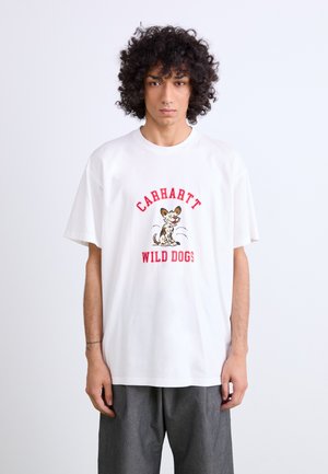 White cotton t-shirt with short sleeves, featuring a colorful "Carhartt Wild Dogs" graphic and a cartoon dog design in the center.