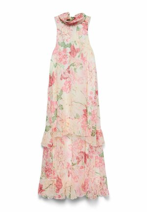 Robe fleurie sans manches à col haut en tissu chiffon superposé aux tons doux rose, crème et vert, avec une coupe fluide jusqu'aux chevilles.