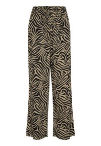 Pantalons à jambes larges en tissu beige avec un motif rayé zèbre noir. Taille élastique avec un détail noué à l'avant.