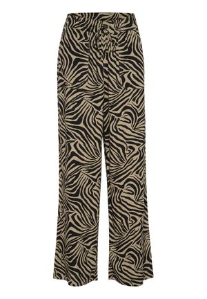 Pantalons à jambes larges en tissu beige avec un motif rayé zèbre noir. Taille élastique avec un détail noué à l'avant.