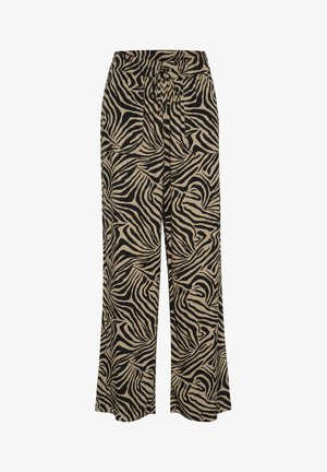 Pantalons à jambes larges en tissu beige avec un motif rayé zèbre noir. Taille élastique avec un détail noué à l'avant.