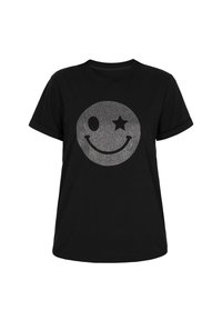 Tricou negru din bumbac cu guler rotund și mâneci scurte, având un grafic cu o față zâmbitoare, cu accente de stea solidă și puncte.