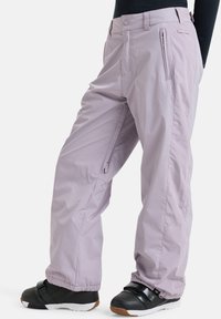 Light purple waterproof pants featuring a zippered pocket, elastic cuffs, and a relaxed fit, made from a textured synthetic material.
