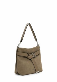 Taupe shoulder bag with a textured strap, front buckle detail, and small silver brand logo on the lower right corner.