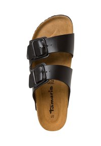 Crne sandale u stilu Birkenstock s dva podesiva kačenja, oblikovanim korkovim uloškom i teksturiranim suđenim uloškom.