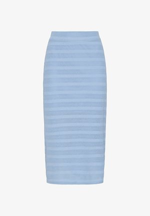 Šviesiai mėlyna pieštuko sijonas su tekstūrinėmis horizontaliomis juostelėmis. Pagamintas iš tamprios medžiagos, turi prigludusią siluetą ir kelių ilgio dizainą.