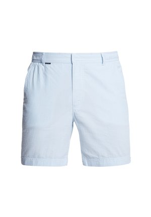 Shorts pour homme à rayures bleu clair et blanches, avec taille élastique, poches latérales, bouton avant et passants de ceinture.