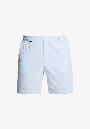 Shorts pour homme à rayures bleu clair et blanches, avec taille élastique, poches latérales, bouton avant et passants de ceinture.