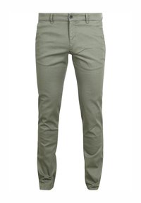 Olijfgroen broek gemaakt van een katoenmix, met een rits en knoopsluiting, en twee voorkruipzakken in een slim fit ontwerp.