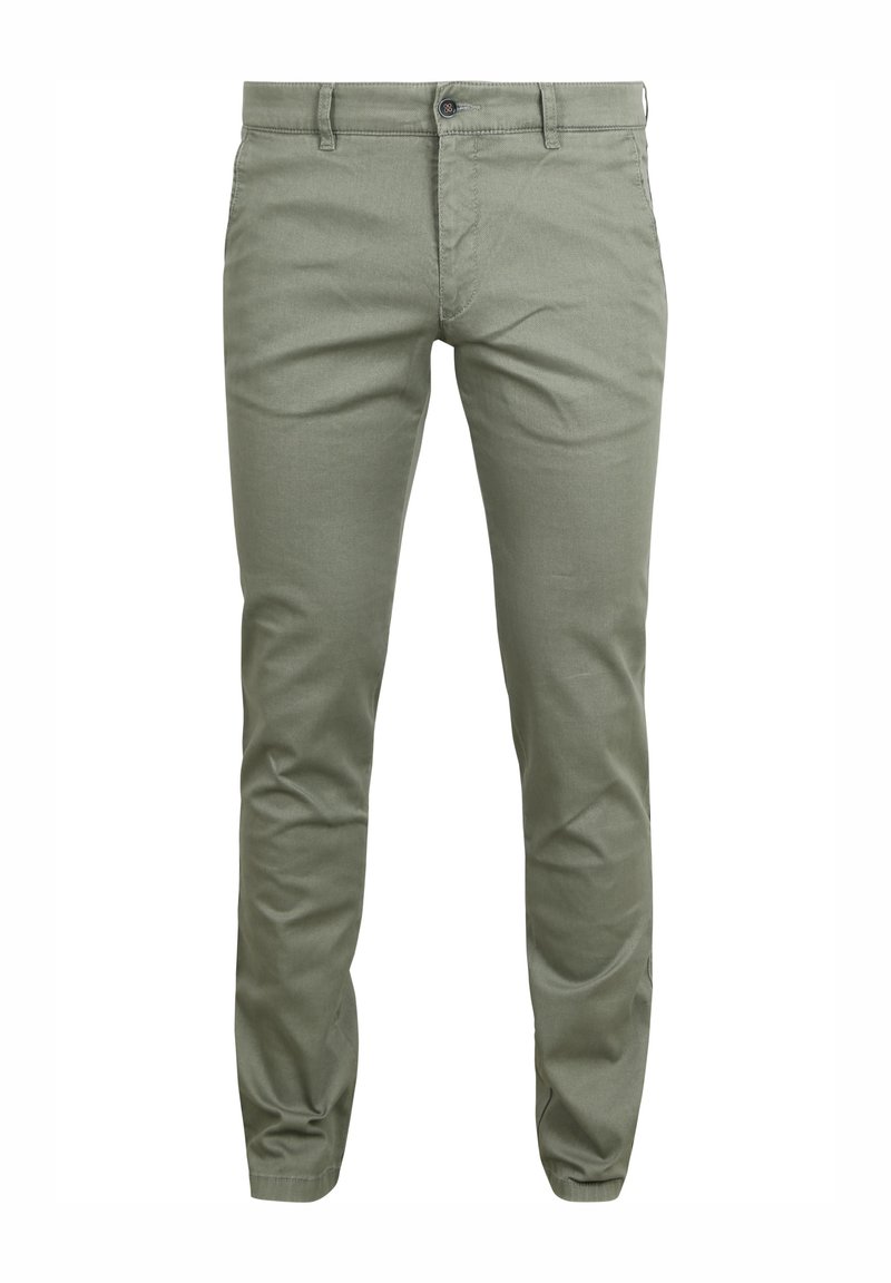 Olijfgroen broek gemaakt van een katoenmix, met een rits en knoopsluiting, en twee voorkruipzakken in een slim fit ontwerp.