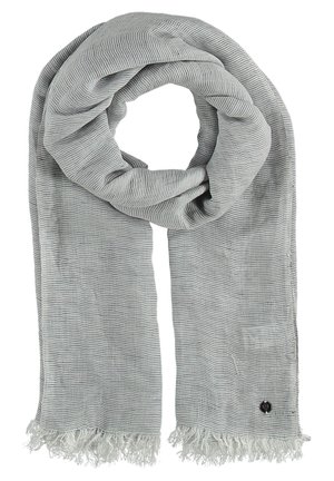 Lichtgrijze sjaal met dunne horizontale strepen, franjes aan de randen en een klein donker geborduurd logo nabij één uiteinde.