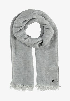 Écharpe gris clair avec de fines rayures horizontales, bords à franges et un petit logo brodé sombre près de l'une des extrémités.