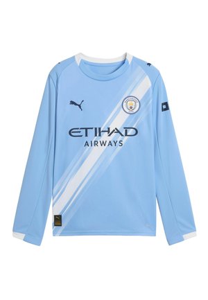 Camiseta de fútbol de manga larga azul claro con rayas diagonales blancas, logo de Puma en el pecho, texto "ETIHAD AIRWAYS" y escudo del Manchester City.
