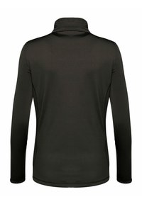 Maglietta nera a maniche lunghe con colletto alto. Realizzata in materiale liscio e leggero, presenta cuciture piatte e un design aderente.