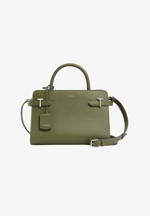 Olive green leather handbag with zip closure, dual handles, adjustable shoulder strap, and silver hardware accents. Features tag with logo.