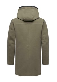 Lång olivgrön kappa med huva, långa ärmar och minimal sömdetalj, visad bakifrån mot en vit bakgrund.