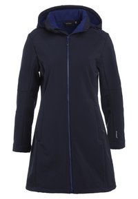 Manteau long bleu marine avec capuche, fermeture éclair intégrale à l'avant, deux poches latérales zippées et manches longues.