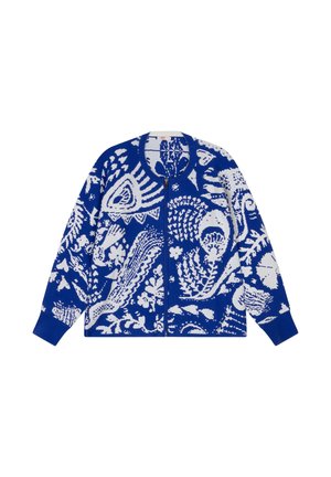 Gebreid vest met een blauw-wit bloemmotief, ronde hals en ritssluiting. Lange mouwen met geribbelde boorden.