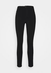 Jeans negros ajustados confeccionados en material elástico, con cintura alta, cinco bolsillos, cremallera frontal y cierre con botón metálico.
