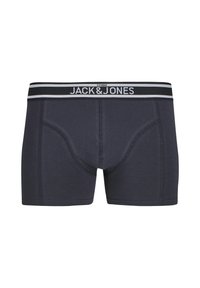 Donker marineblauwe boxershorts van zachte stof, met een zwarte elastische tailleband met het "JACK & JONES" logo en contrasterende strepen.