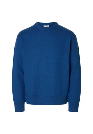 Maglione blu lavorato a maglia con scollatura tonda, maniche lunghe e polsini e orlo a coste. Tessuto liscio con un colore uniforme e senza motivi visibili.