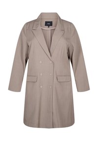 Béžový dvouřadý blazer s klopovým límcem; obsahuje dvě přední kapsy a dlouhé rukávy; vyrobený z hladké tkaniny s definovaným střihem.