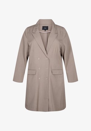 Beige, dubbelzijdig colbert met een geknipt revers; heeft twee voorzakken en lange mouwen; gemaakt van een zachte stof met een gestructureerde pasvorm.