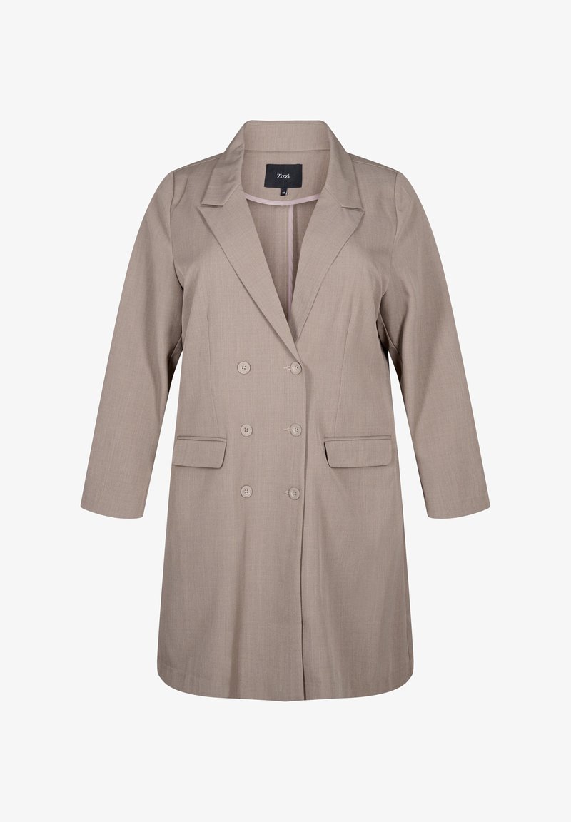 Beige, dobbeltbrystet blazer med klapkrave; har to forlommer og lange ærmer; lavet af glat stof med en struktureret pasform.