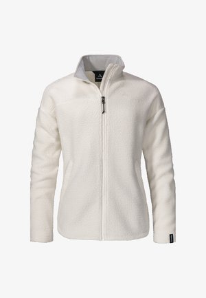 Weiße Fleecejacke mit hohem Kragen, durchgehendem Reißverschluss und zwei seitlichen Taschen. Mit strukturiertem Stoff und kleinem Logo auf der Brust.