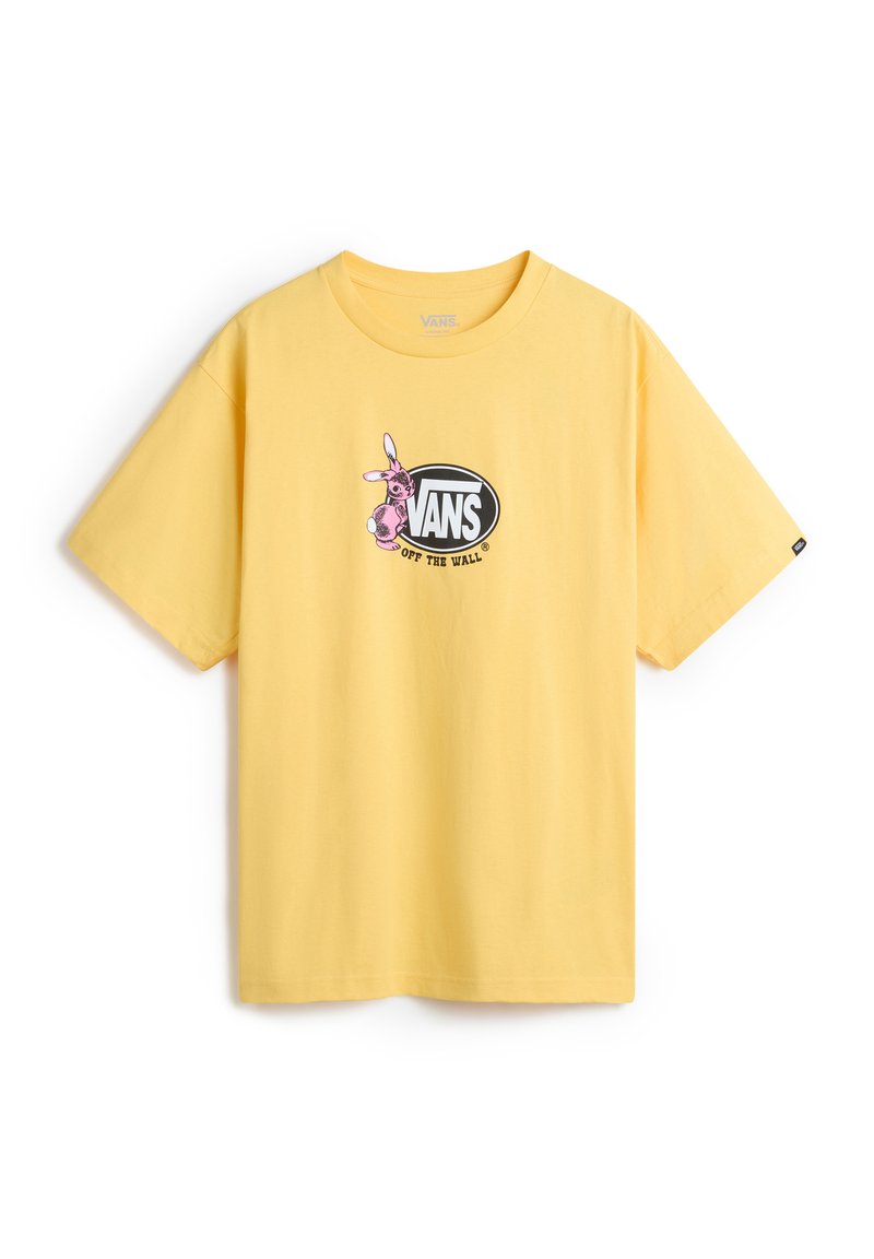 Gelbes Baumwoll-T-Shirt mit einem schwarzen ovalen Logo, auf dem "VANS" und eine pinke Hasenillustration abgebildet sind. Kurze Ärmel, lockere Passform, glatte Textur.