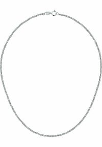 Silberne Kettenhalskette mit einem geflochtenen Design, ausgestattet mit einem Karabinerverschluss. Glatte Textur und einheitliche Farbe über die gesamte Länge.