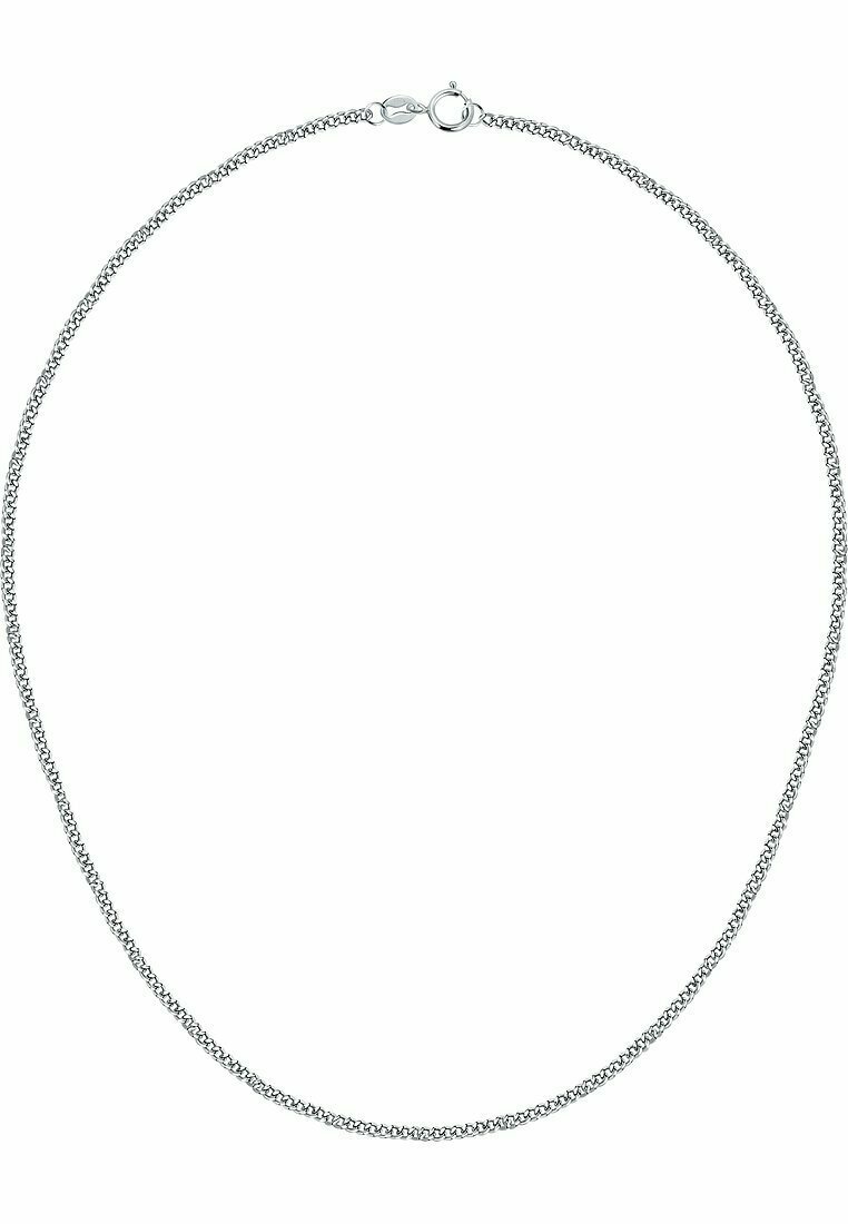 Silberne Kettenhalskette mit einem geflochtenen Design, ausgestattet mit einem Karabinerverschluss. Glatte Textur und einheitliche Farbe über die gesamte Länge.