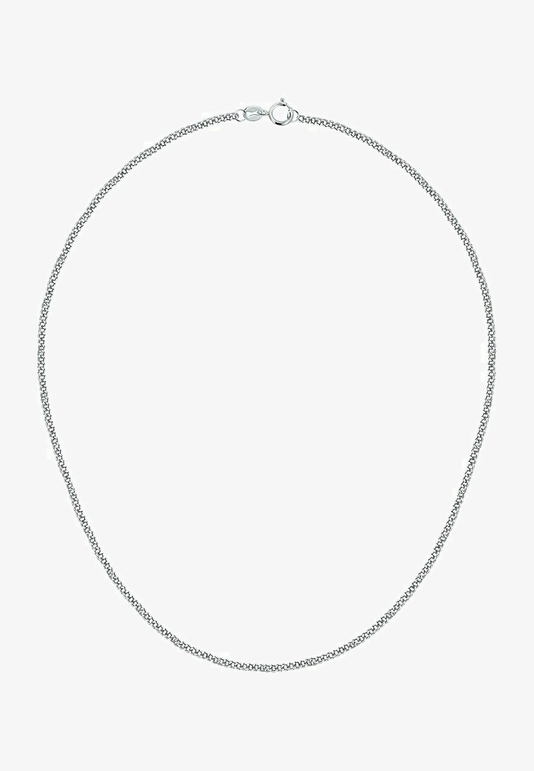 Silberne Kettenhalskette mit einem geflochtenen Design, ausgestattet mit einem Karabinerverschluss. Glatte Textur und einheitliche Farbe über die gesamte Länge.